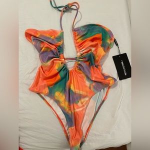 PLT Watercolor Plunge Halter One Piece Bikini w/ Silky Sarong